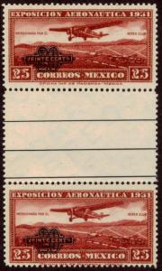 MEXICO C45, 20 on 25c GUTTER PAIR SURCHARGED AERONAUTIC EXPOSITION. MNH F-VF.