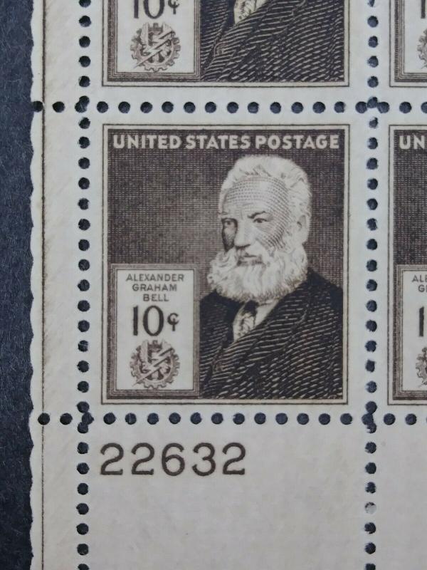 RIV: US MNH 893 Plate Block FRESH 10 cent 1940 Famous American Inventors Bell 2O