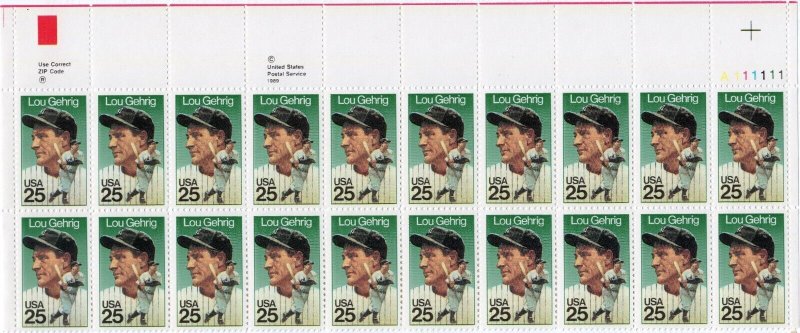 Scott #2417 Lou Gehrig (New York Yankees) 25¢ Plate/Zip Block of 20 Stamps - MNH