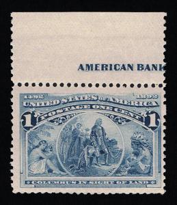 AFFORDABLE GENUINE SCOTT #230 MINT OG NH PALE BLUE 1¢ COLUMBUS TOP ABNC IMPRINT