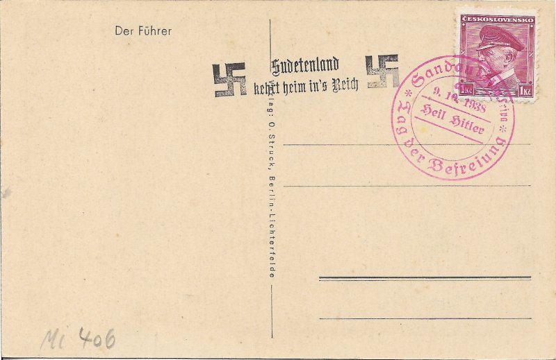 Sudetenland: 1938 Liberation Cancellation Sandau on Propaganda Card