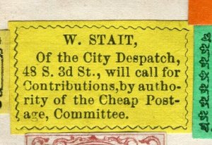 USA; 1860s classic LOCAL POST type Imperf issue, W. STAIT CITY DESPATCH