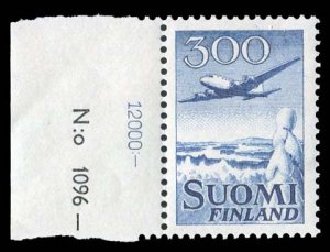 Finland #C4 Cat$35, 1958 300m blue, left margin imprint single, never hinged