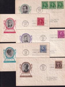 1940 Famous Americans, authors Sc 859-863-1A matched address Harry Ioor cachets