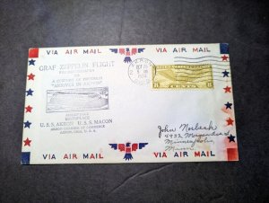 1933 USA LZ 127 Graf Zeppelin Airmail Cover Akron OH to Minneapolis MN