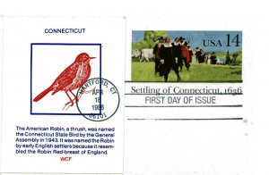 UX109 Settling of Connecticut 1636 WCF, 'The American Robin ...'  FDC