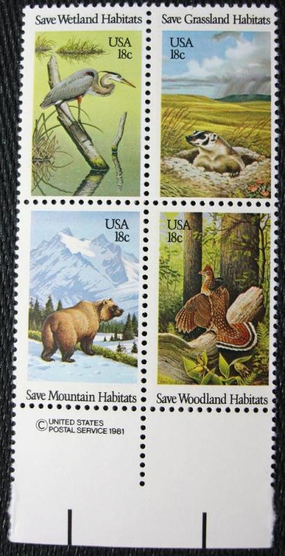 US #1921-1924 MNH, Block of 4, Wildlife, SCV $1.50 L10