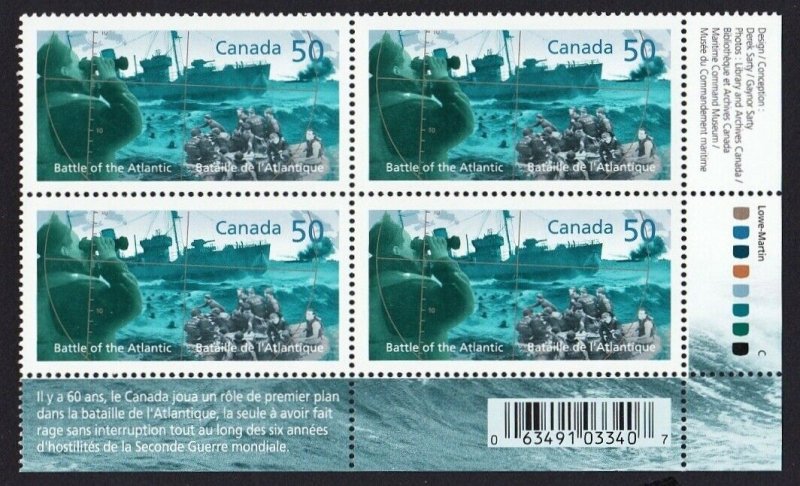 WWII WAR = MILITARY SHIP = Canada 2005 #2107 MNH LR BLOCK of 4 w/Bar Code