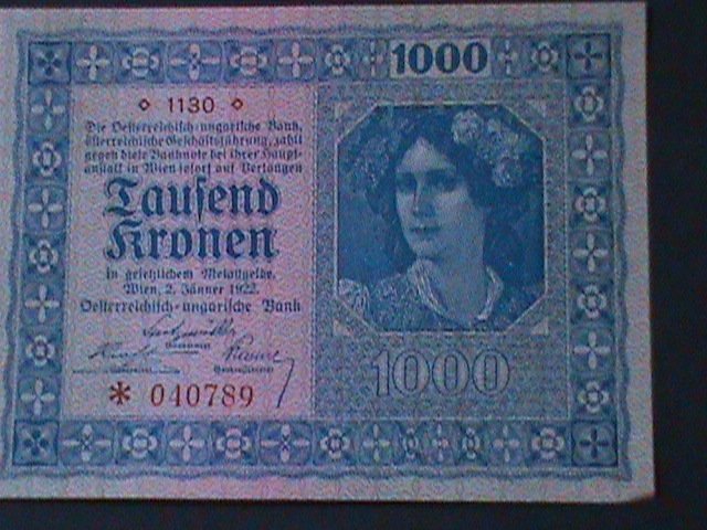 AUSTRIA-AUSTRIAN GOVERNMENT FIRST $1000 KRONEN-UN-CIRCULATED-102 YEARS OLD