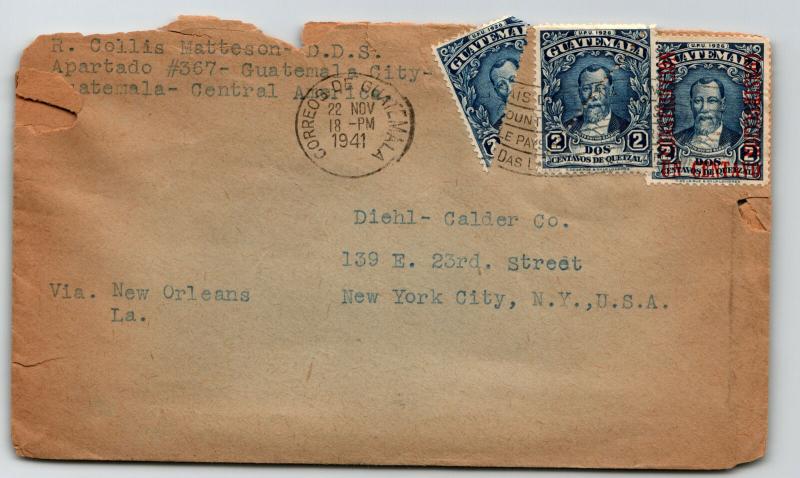 Guatemala 1941 Cover w/ Bisect to USA / Top & Edge Tearing - Z13571