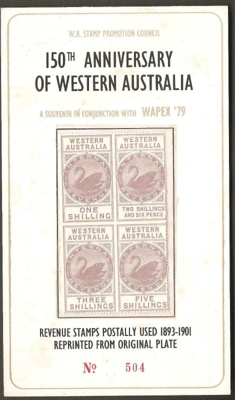 1893 - 1901 WA Western Australia Revenue Swan Stamp Plate Reprint WAPEX '79