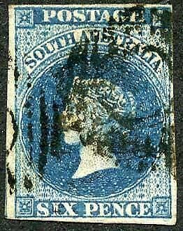 South Australia SG3 3d Deep Blue wmk Star (thin) Cat 170 pounds 