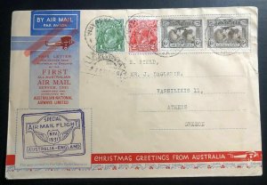 1931 Hobart Tasmania Xmas First Flight Airmail Cover FFC To Athens Greece