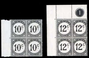Trinidad and Tobago #J13-14 Cat$29, 1947 10c and 12c, blocks of four, never h...