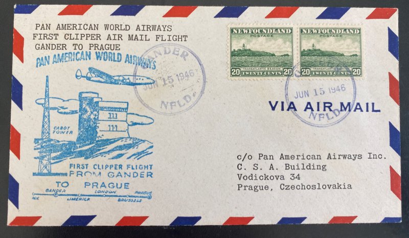 1946 Gander Newfoundland First Flight Airmail Cover FFC To Prague Czechoslovakia