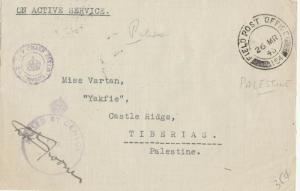 1943 LOCAL Palestine COVER FILED POST OFFICE W/CLEAR POST MARK TIBERIAS P CENSOR