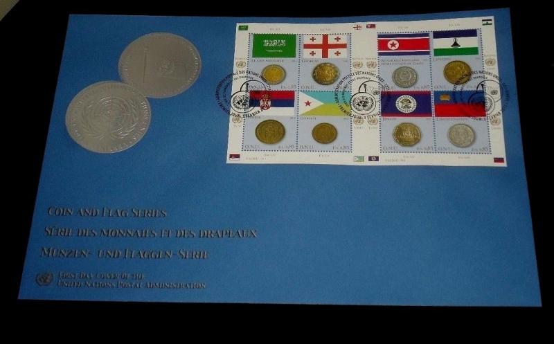 U.N. 2012, FLAG & COIN SHEET/8 ON OVER SIZED COVER,ALL 3 OFFICES FDC NICE! LQQK!