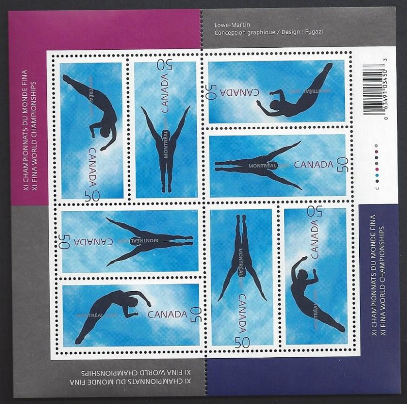 Canada #2113-14 MNH pane of 8, 9th FINA championship, Montreal, Issued 2005