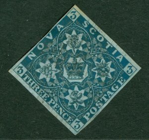 SG 2 Nova Scotia 1851-60. 3d deep blue. Very fine used. 4 margins CAT £180