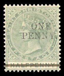 St. Christopher #21 Cat$50, 1887 1p on 1/2p green, lightly hinged