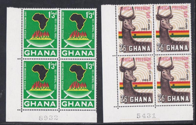 Ghana # 135-137m African Freedom Day, Plate # Blocks of four, NH 1/2 Cat.