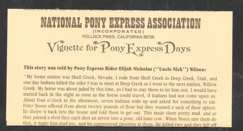 Just Fun Cover #2039 San Fran.- St Joseph Pony Express 123 Years Comm. (my4358)