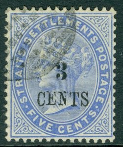 SG 82 Malaysia 3c on 5c Blue, very fine used, good colour & centring