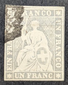 Switzerland #30, SBK/Zum #27C, used; grey 1Fr with black thread, light cancel