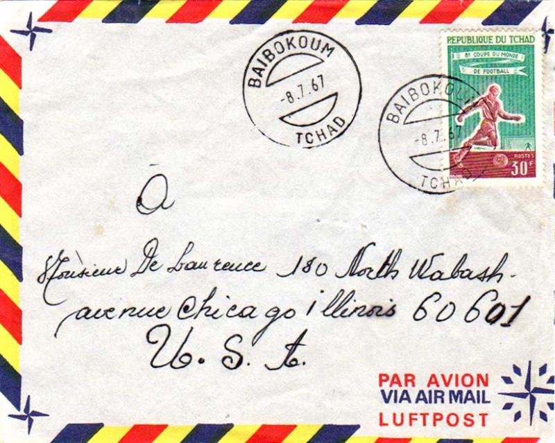 Chad 30F 8th World Cup Soccer Championship 1967 Baibokoum, Tchad Airmail to C...