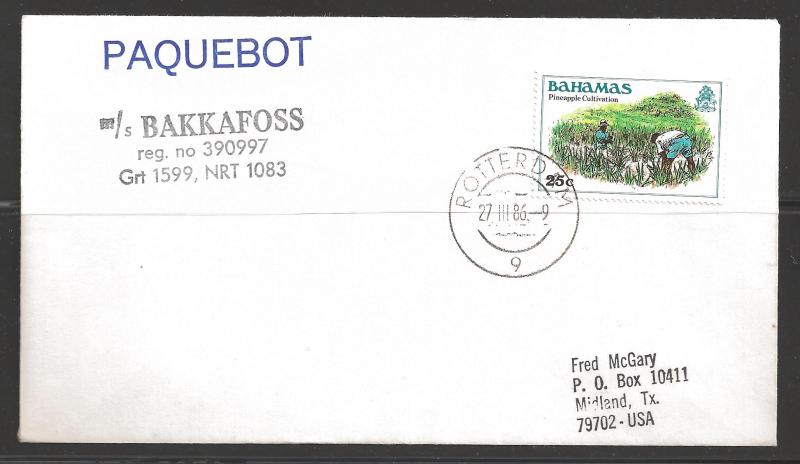 1986 Paquebot Cover, Bahamas stamp used in Rotterdam Netherlands