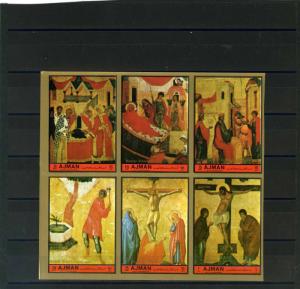 AJMAN 1972 EASTER PAINTINGS/RUSSIAN ICONS SHEET OF 6 STAMPS IMPERF. MNH