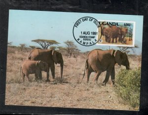 UGANDA COVER(P0201B) 1991 WWF ELEPHANT 600/- FDC ON PPC NOT SENT 