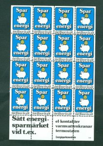 Sweden. Poster Stamp Sheet. MNH.  Save Energy Piggy Bank. Electricity, Heater.