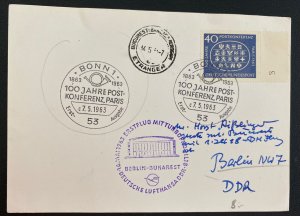 1963 Bonn Germany First Day Postcard Cover To Berlin 100 Anniversary Of Paris Co