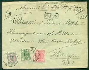 FINLAND 1896, Insured Letter w/3 color franking (#39,40,43), wax seals reverse