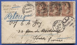 US 1885 #210 on cover from Washington DC, to France & Switzerland & Returned