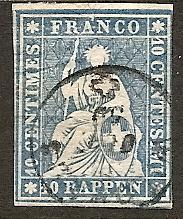 Switzerland   21 Used 1858 10r blue CV $110.00