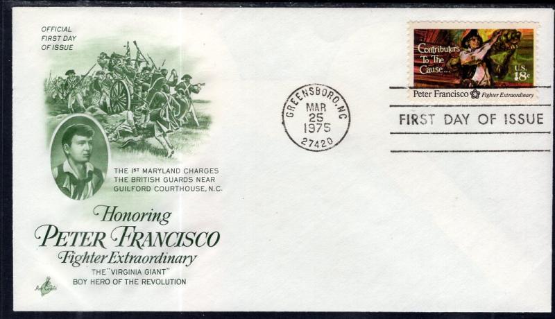 US 1562 Peter Francisco Artcraft Green U/A FDC