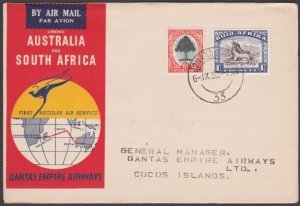 COCOS ISLAND 1952 Qantas flight cover ex Sth Africa - RAAF PO COCOS cds.....W536