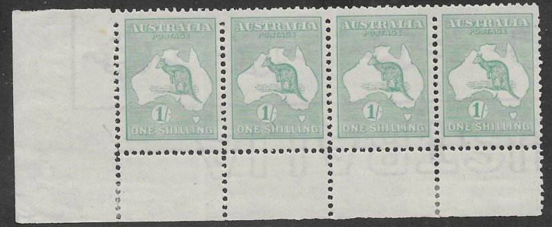 Australia # 51a  Kangaroo 1sh WMK SIDEWAYS - strip of 4 (1)  VF Mint