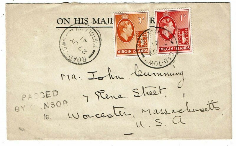 British Virgin Islands 1941 Road Town cancel on cover to the U.S., censored