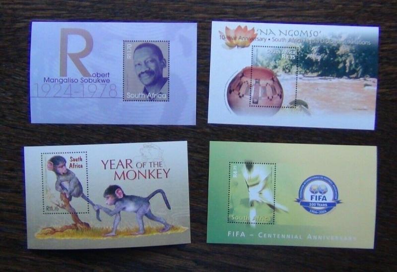 South Africa 4 x Miniature Sheets 2003 Sobukwe Diplomatic 2004 Monkey FIFA MNH