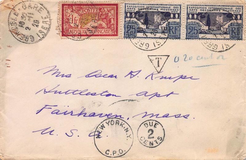 France, Scott #125, 223 pair, on 1926 Cover from Grenoble, France to Mass.