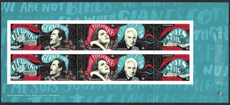 Canada #2975a P Canadian Opera (2017). Booklet of 10 stamps. 5 designs. MNH