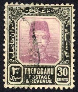 Trengganu 1910-19 SG.13 30c dull purple and black wmk MCA used cat 70 pounds