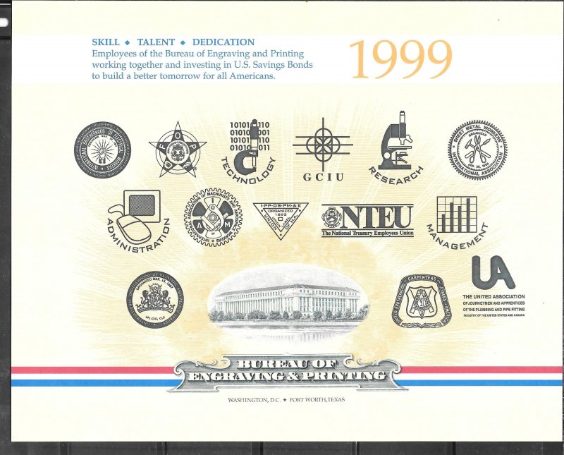 #BEP B234 Savings Bond 1999 Mint BEP Building, Union Logos Souvenir Card (11222)