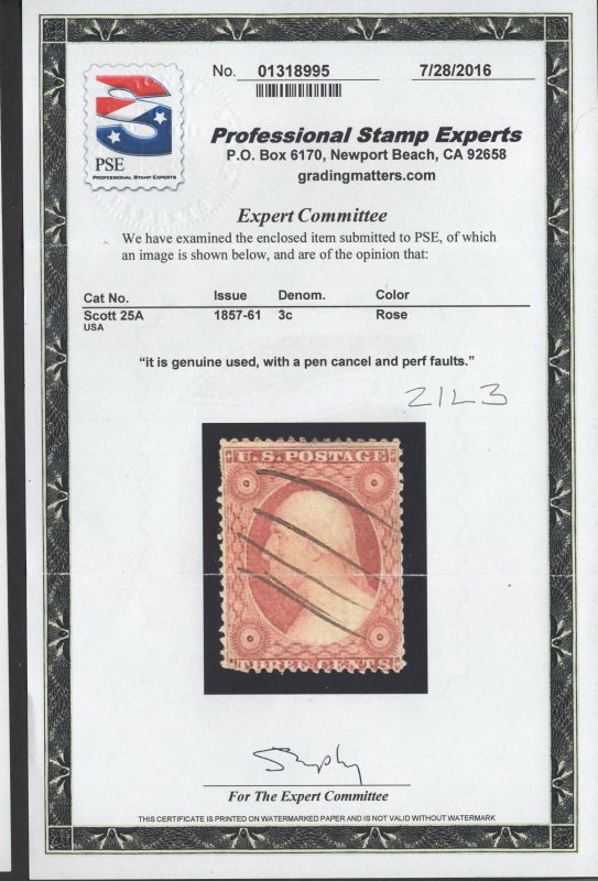 CERTIFIED US Stamp #25a 3c Rose Washington Type II USED SCV $850. PSE Cert