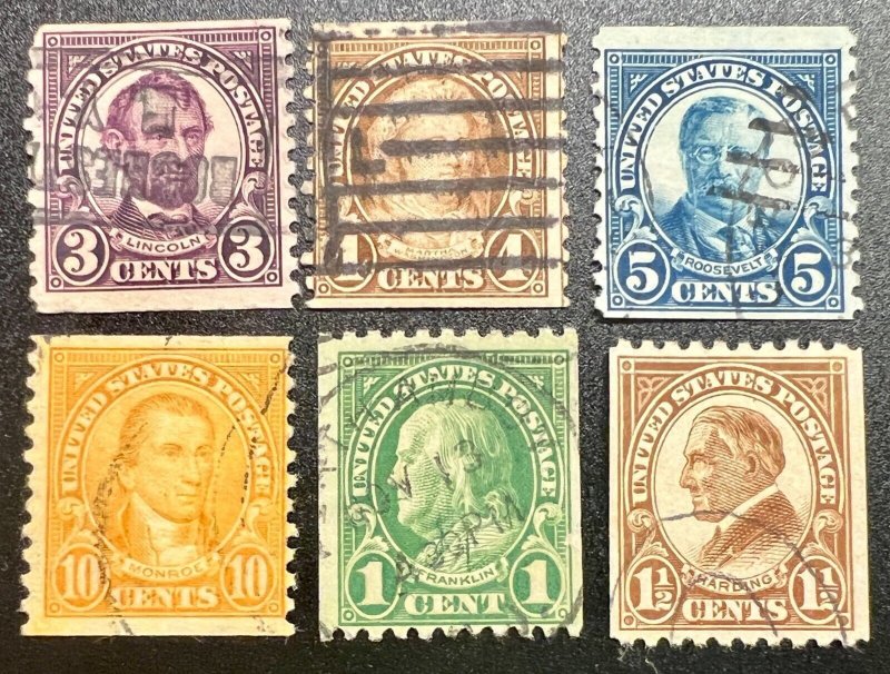 Scott#:600-605 Lincoln,Washington,Roosevelt,Monroe,Franklin,Harding used singles