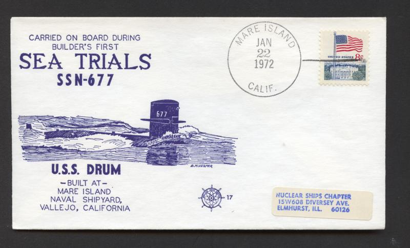 NAVAL COVER - USS DRUM SSN-677 - FIRST SEA TRIAL - NUCLEAR SHIP. CHAPTER