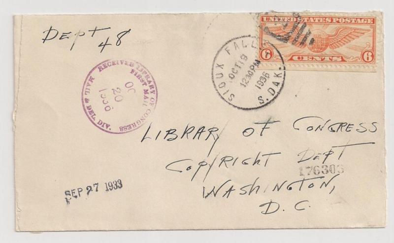 C19 on small cvr S Dak to DC Library of Congress Aux Marking